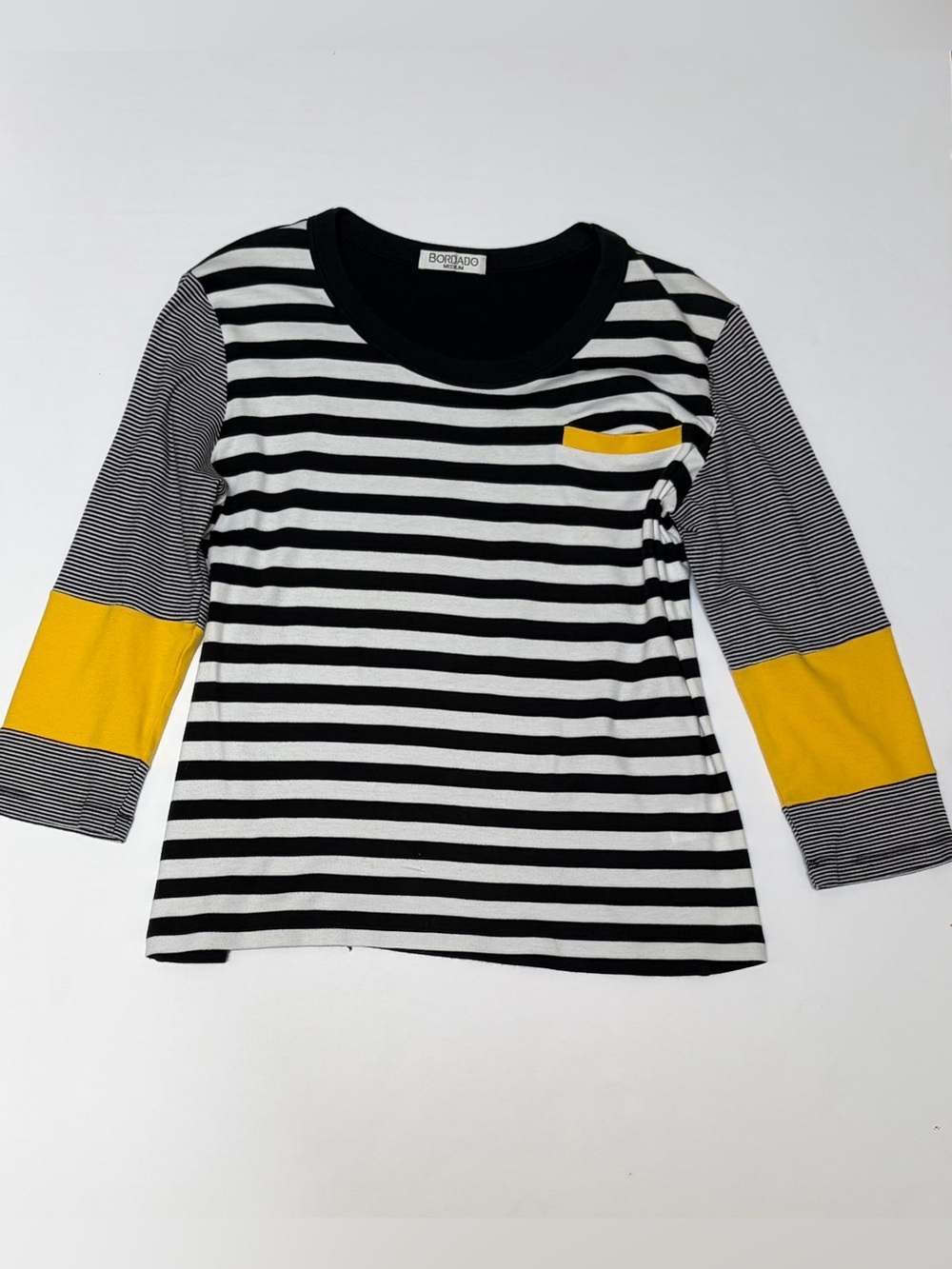 BORDADO Women’s Black & White Stripe Top with Yellow Accent | Size: M